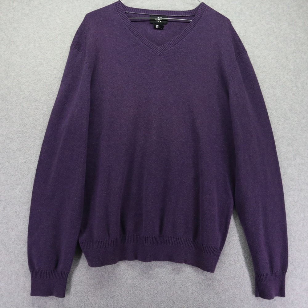 Calvin Klein Sweater Mens Medium Pullover Knit V-Neck Cotton Purple Long Sleeve
